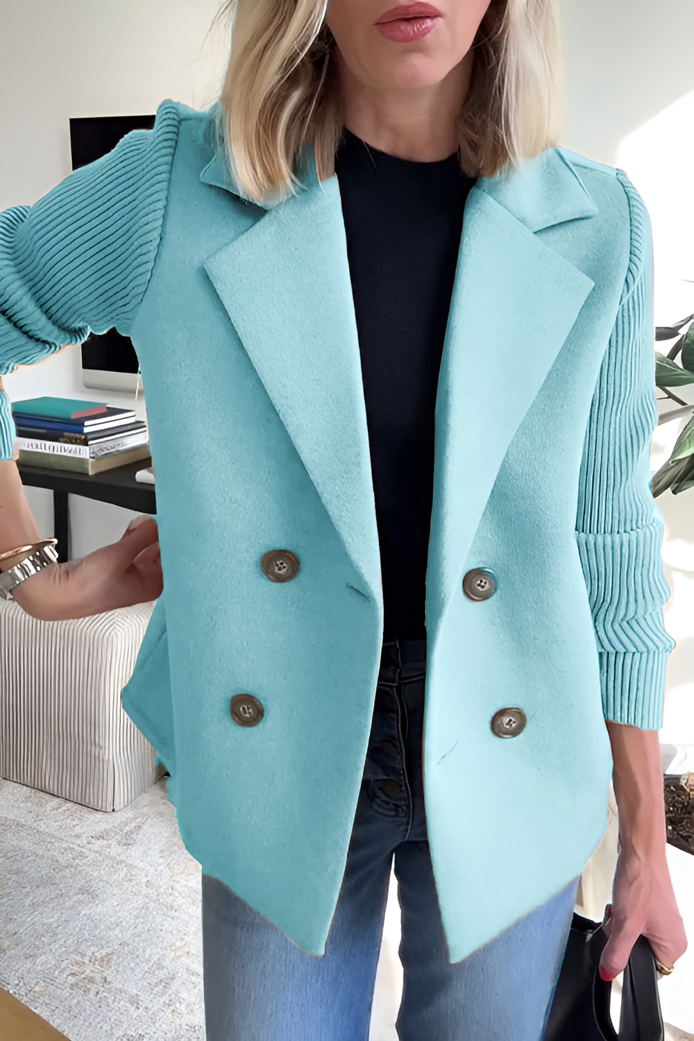 Elara - Radiant Spring Coat with Knitted Sleeves